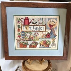 Framed Cross Stitch 'I Love My Garden' Garden Theme Finished Piece.